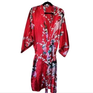Red Satin Floral Peacock Kimono Robe Size XL